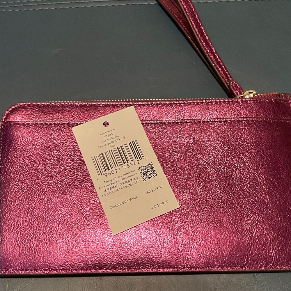NWT, KATE SPADE LUCY MED. L ZIP METALLIC LEATHER WRISTLET, DARK RASPBERRY - Picture 4 of 7